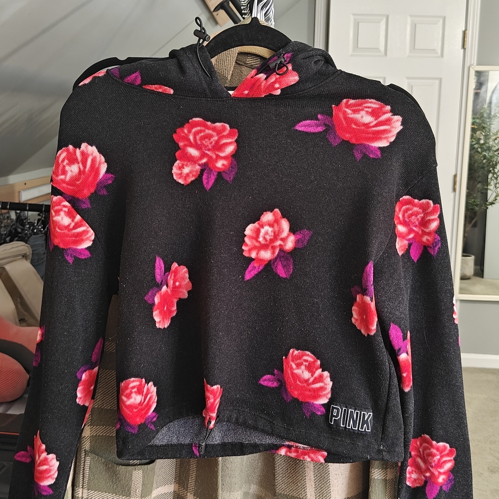 Victoria's Secret Black Hoodie with Pink Floral Design